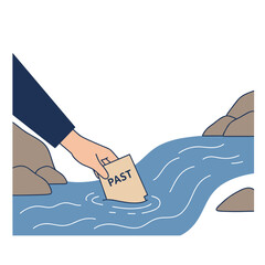 Hand dropping a paper labeled "PAST" into a flowing river  