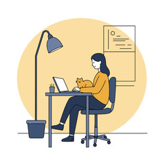 Young woman working on laptop with cat in cozy home office  