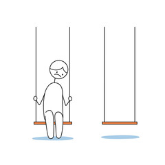 Sad person sitting alone on a swing in an empty playground  