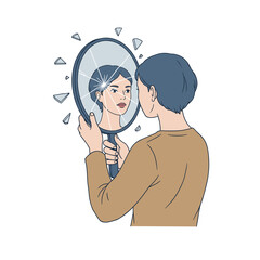 Young man reflecting on self-identity while looking in a mirror  