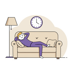 Young man lying on couch looking tired with clock in background Concept of sleep problems  