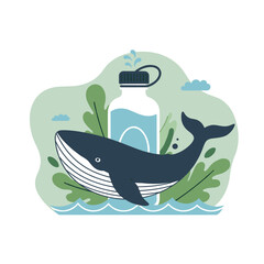 Whale swimming near water bottle in ocean with green plants - Concept of ecology and protection  
