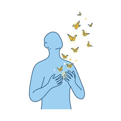 Human figure with origami birds representing inspiration  