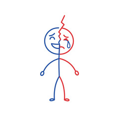 Stick figure depicting inner conflict with divided emotions in colors  