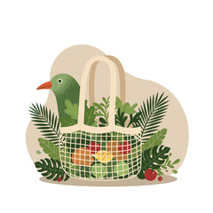 Colorful grocery bag filled with fruits and greenery with bird  