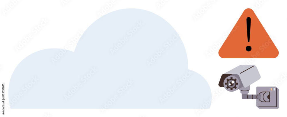 Poster cloud outline, warning triangle with exclamation mark, security camera connected to a recorder. idea