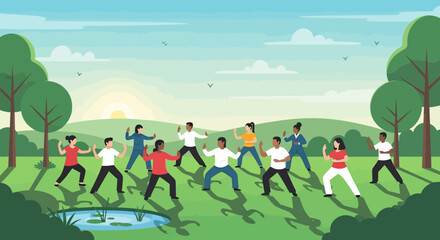 Diverse Group Practicing Tai Chi in a Peaceful Park Setting