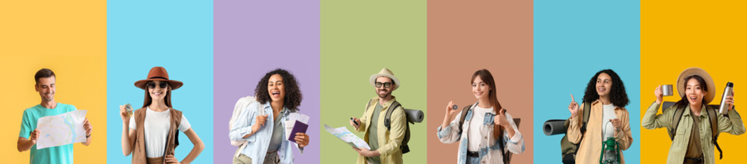 Collection of young travelers on color background