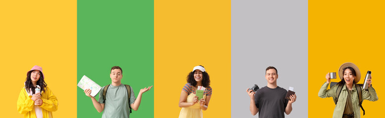Set of young travelers on color background