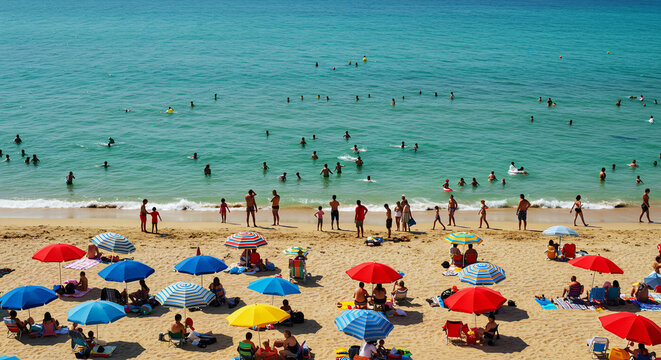 Colorful Beach Umbrellas and People Enjoying a Sunny Da
