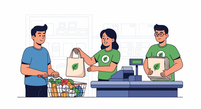 Eco-conscious grocery store scene with customer, cashier, and bagger at checkout