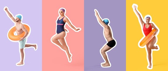Set of swimmers on color background