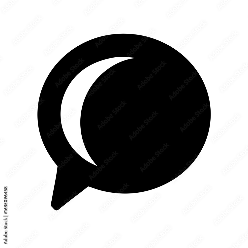 Poster black speech bubble with a white crescent shape inside representing a communication icon image desig