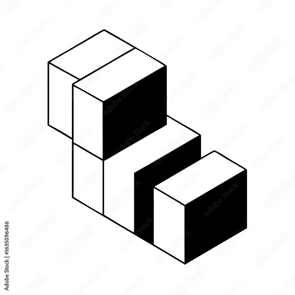 Poster isometric view of stacked rectangular prisms with alternating black and white faces creating a patte