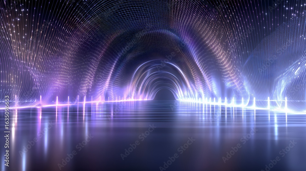 Poster 3d light tunnel mesh with immersive data glow and central vanishing point