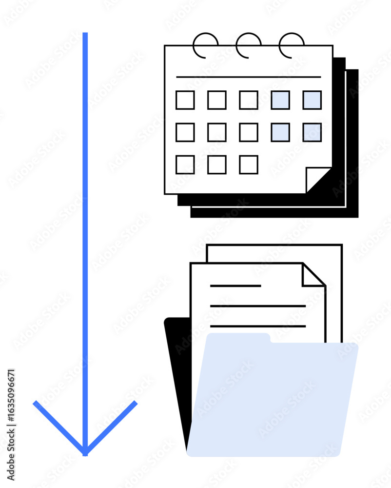 Poster calendar with marked dates, documents, and folder linked by arrow. ideal for planning, scheduling, t