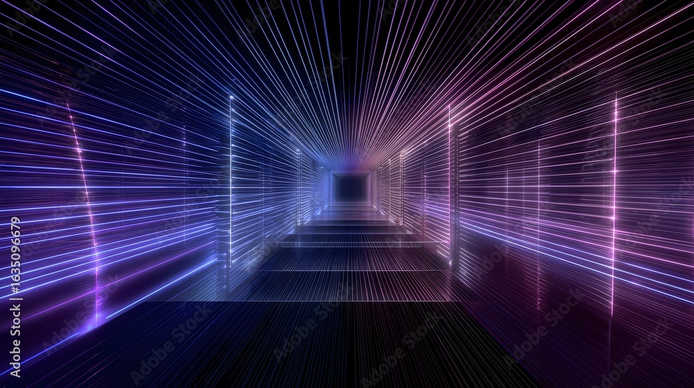 Poster 3d tech tunnel with light lines and minimalist vanishing point design