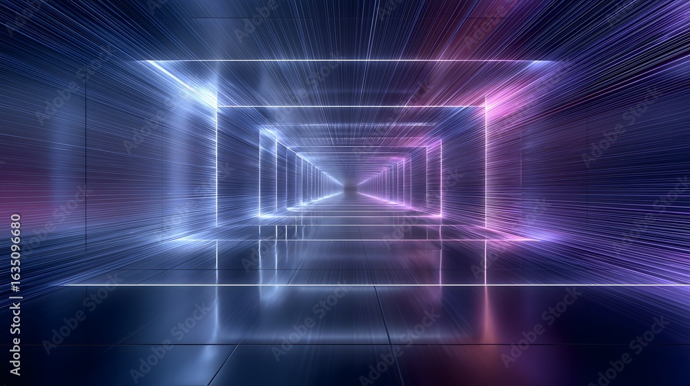 Poster minimalist 3d tech tunnel composed of light lines with vanishing point perspective