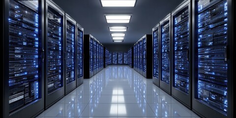 High-tech Data Center With Rows of Servers Illuminated by Blue Lights