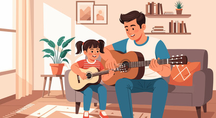Father and Daughter Learning to Play Acoustic Guitars Together
