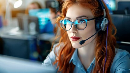 Professional Support: A focused representative with vibrant red hair and stylish glasses provides expert support, immersed in a technology-rich environment. Evoking trust and commitment.