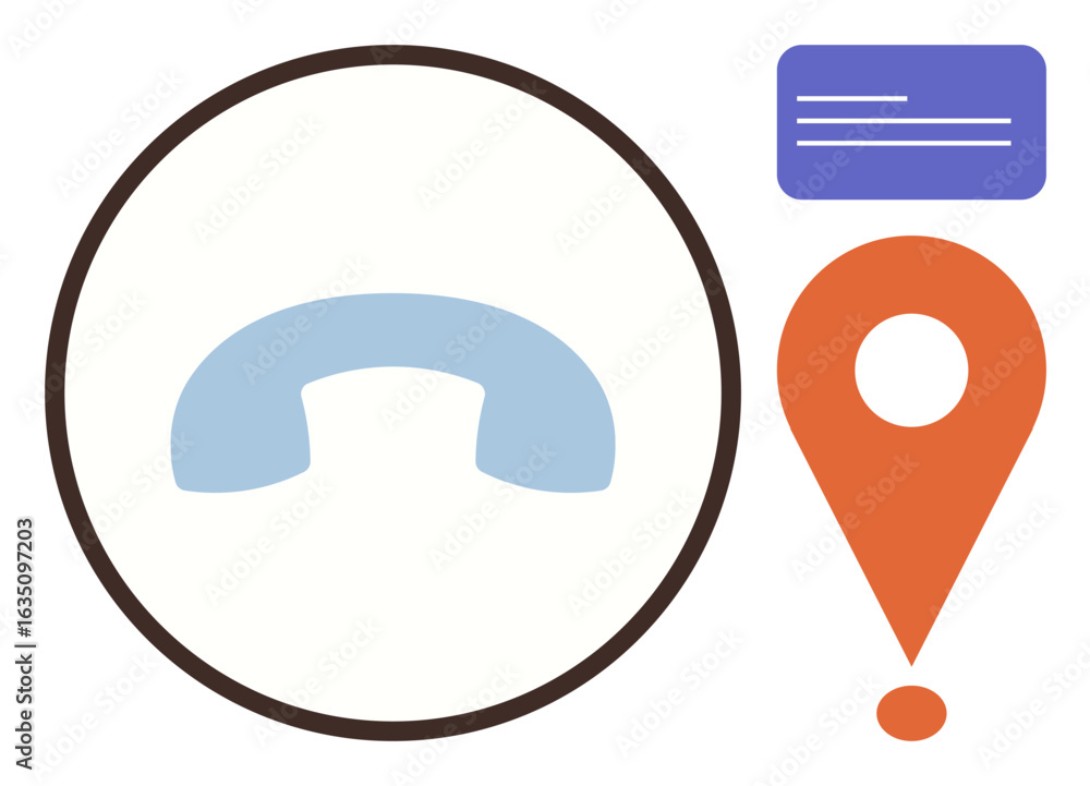 Poster phone receiver inside a circle, message bubble, orange location pin with exclamation mark. ideal for