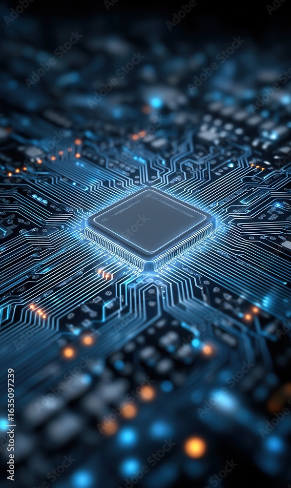 Poster modern microprocessor with intricate circuit board design and blue illumination