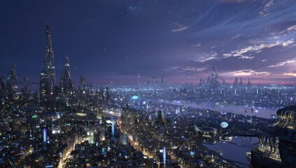 Fototapeta premium Futuristic city skyline at twilight