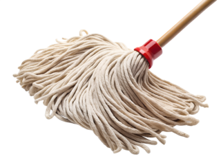 Cotton mop with wooden handle isolated on transparent background