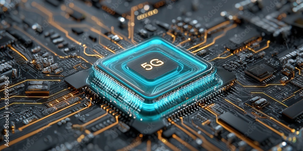 Poster close-up view of a 5g processor on a circuit board during technology development