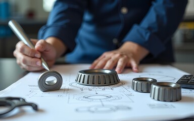 Engineer technician designing drawings mechanical parts engineering Engine.manufacturing factory Industry Industrial work project blueprints measuring bearings caliper tools. High quality