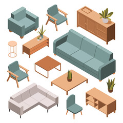 Collection of modern isometric furniture for living room and lounge