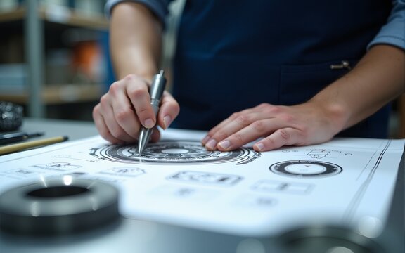 Engineer technician designing drawings mechanical parts engineering Engine.manufacturing factory Industry Industrial work project blueprints measuring bearings caliper tools. High quality - Powered by Adobe