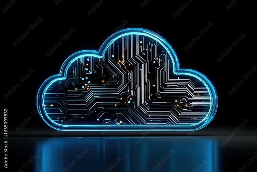 Poster digital cloud symbol with circuit patterns illuminated against a dark background