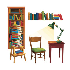 Cozy reading nook with bookshelf chair and desk lamp