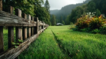 Lush Green Landscape With Wooden Fence and Distant Mountain View in Morning Light