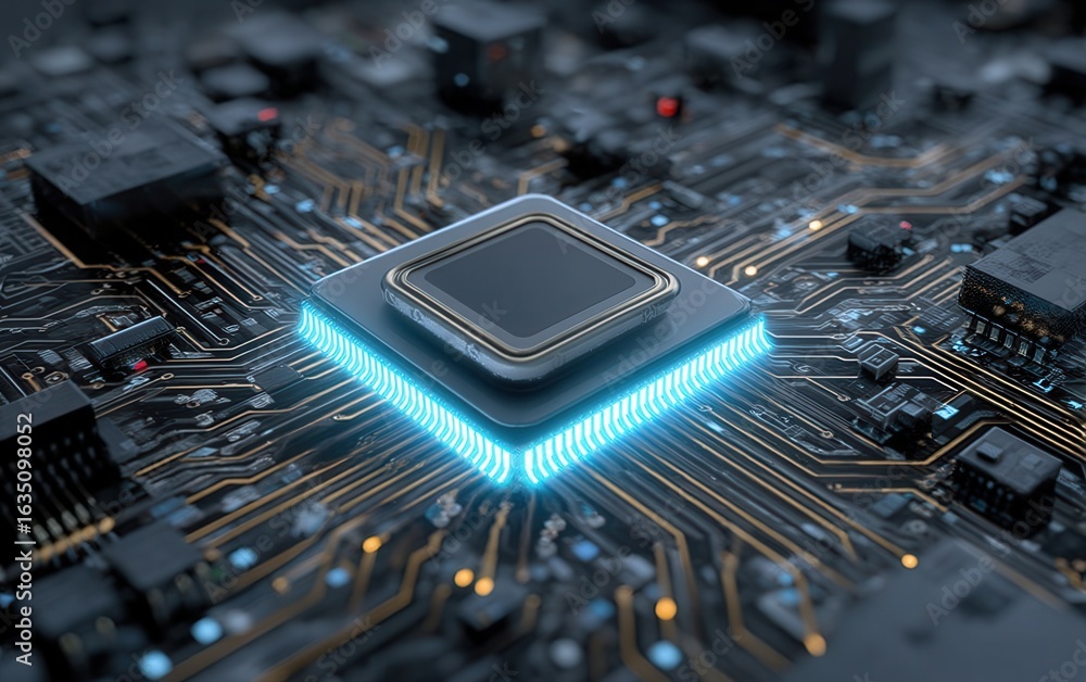 Poster advanced microprocessor showcased on a detailed circuit board design