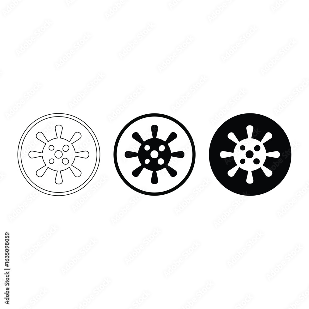 Poster three circular virus icons in different styles outline filled and negative space