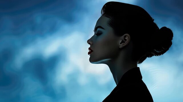 Silhouette of a woman with a sophisticated hairstyle and delicate features, captured in a moment of elegant contemplation. 