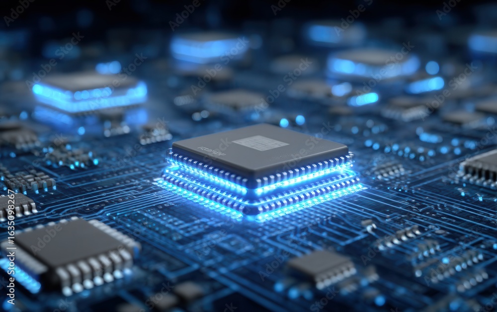 Poster exploring the intricate design of a high-tech microchip with luminous circuitry