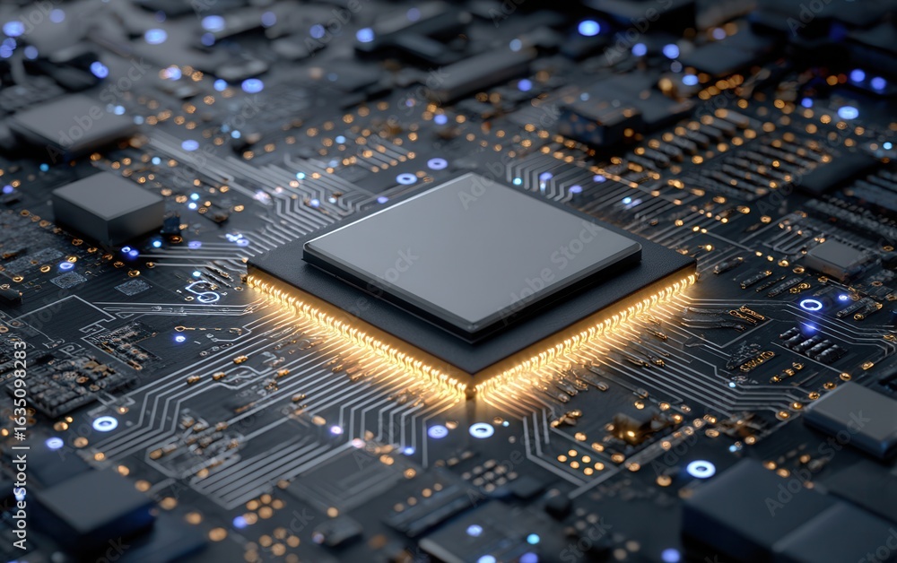 Poster detailed close-up of a computer processor on a circuit board with glowing connections