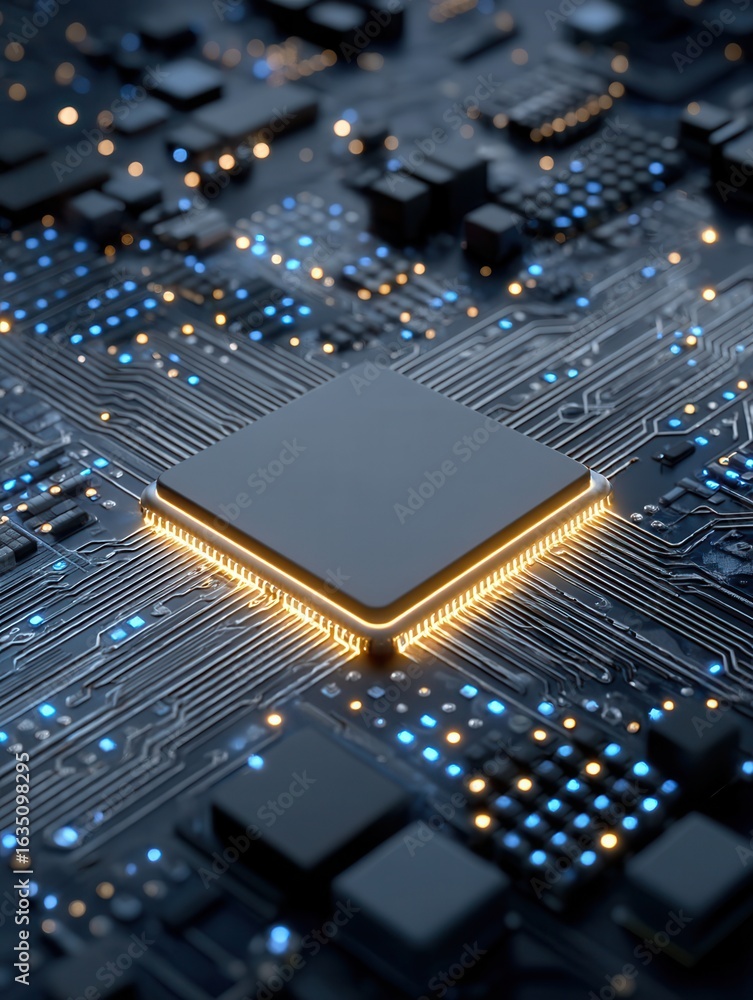 Poster microprocessor on circuit board with glowing connections at close range