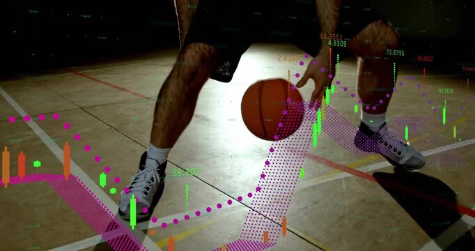 Basketball player dribbling ball in court, generating live sports analytics overlay and bar charts