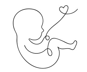 Minimal line art fetus with heart-shaped umbilical cord — symbol of pregnancy, maternal love, prenatal development and motherhood.

