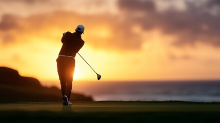 Golfer swings on seaside course at sunset overlooking the ocean