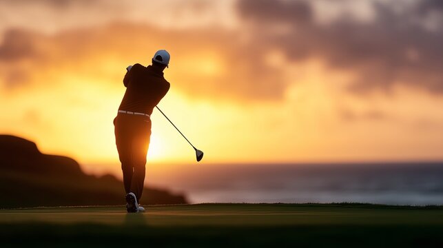 Golfer swings on seaside course at sunset overlooking the ocean