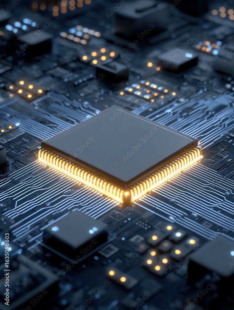 Poster high-tech circuit board with glowing processor in a modern design