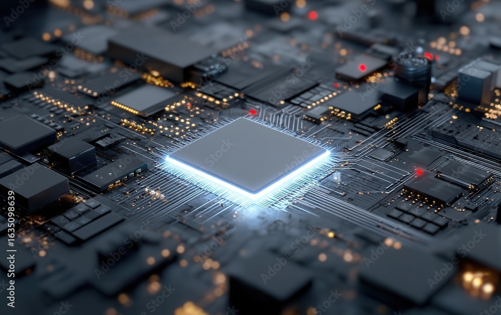 Poster advanced computer circuit board showcasing a glowing processor in detail
