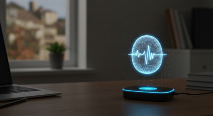 Futuristic Holographic Pulse Displaying Vital Signs on Desk, Modern Technology Concept.