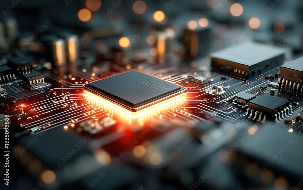 Poster close-up of a glowing microchip on a complex circuit board